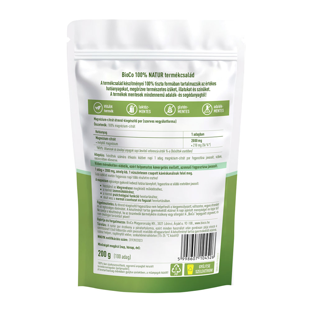BIOCO 100% NATUR Szerves magnézium citrát tasakos por (200g)