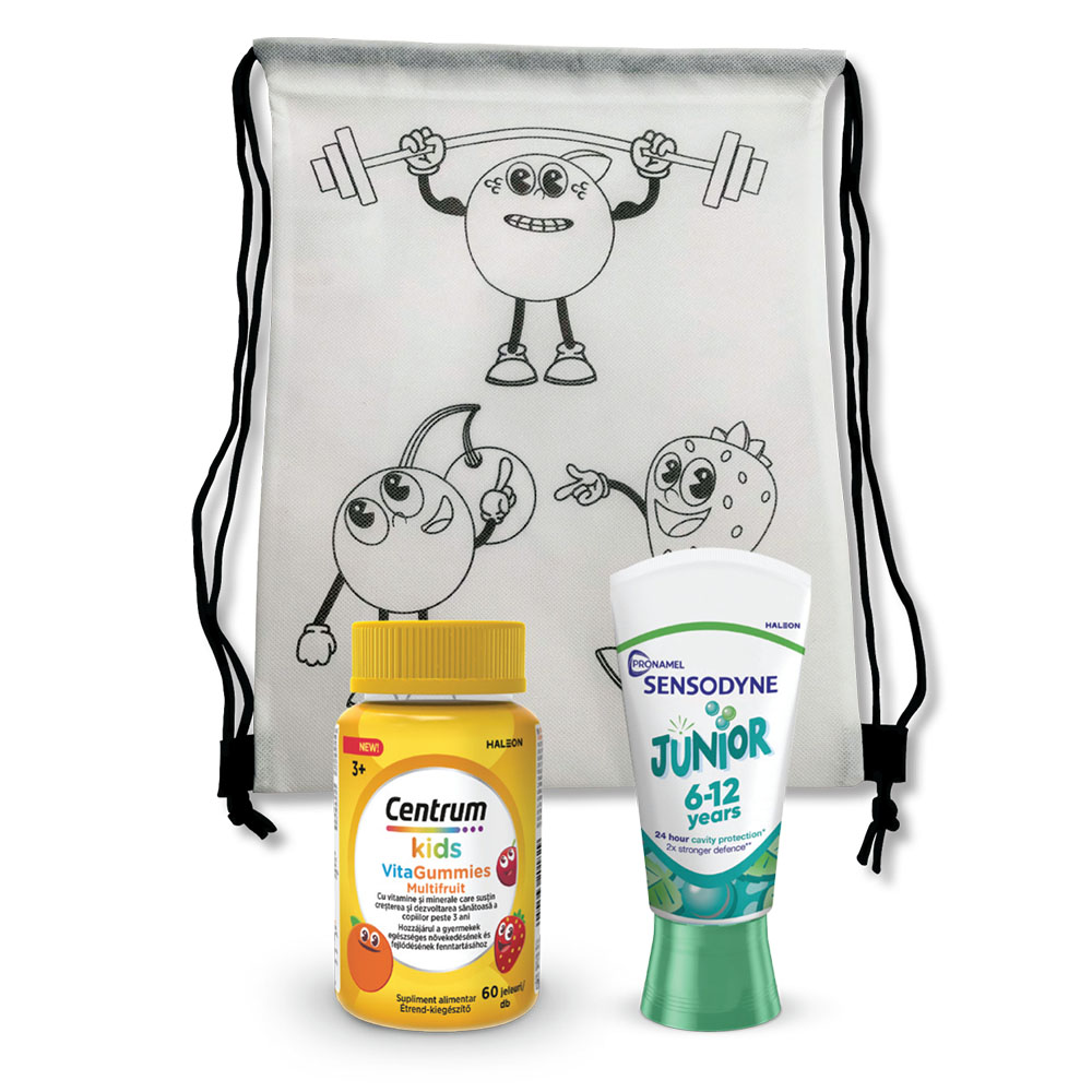 GYM BAG + Sensodyne + Centrum Junior gumivitamin 6-12 (60db)