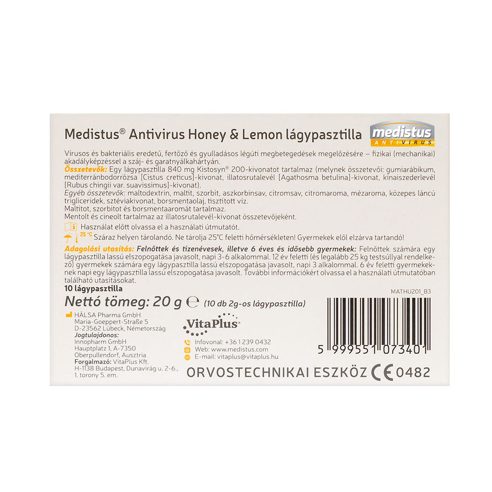 MEDISTUS Antivirus lágypasztilla méz-citrom ízben (10db)