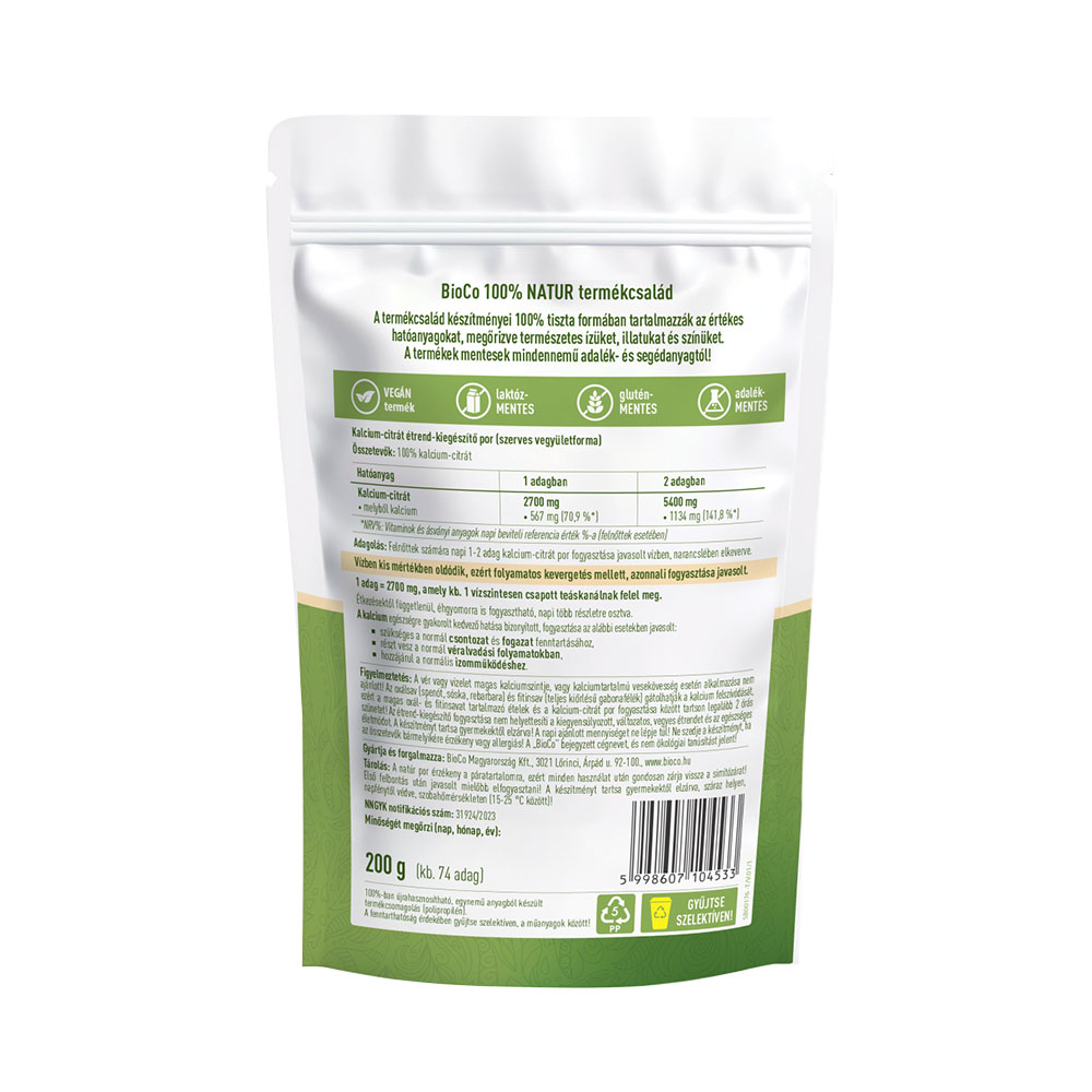 BIOCO 100% NATUR Szerves kalcium citrát tasakos por (200g)