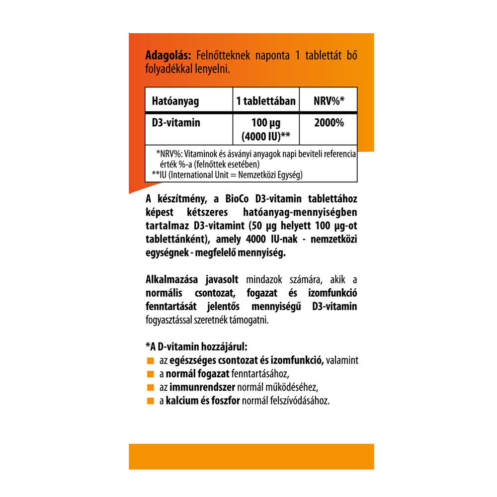 BIOCO D3-vitamin Forte 4000 IU tabletta (100db)
