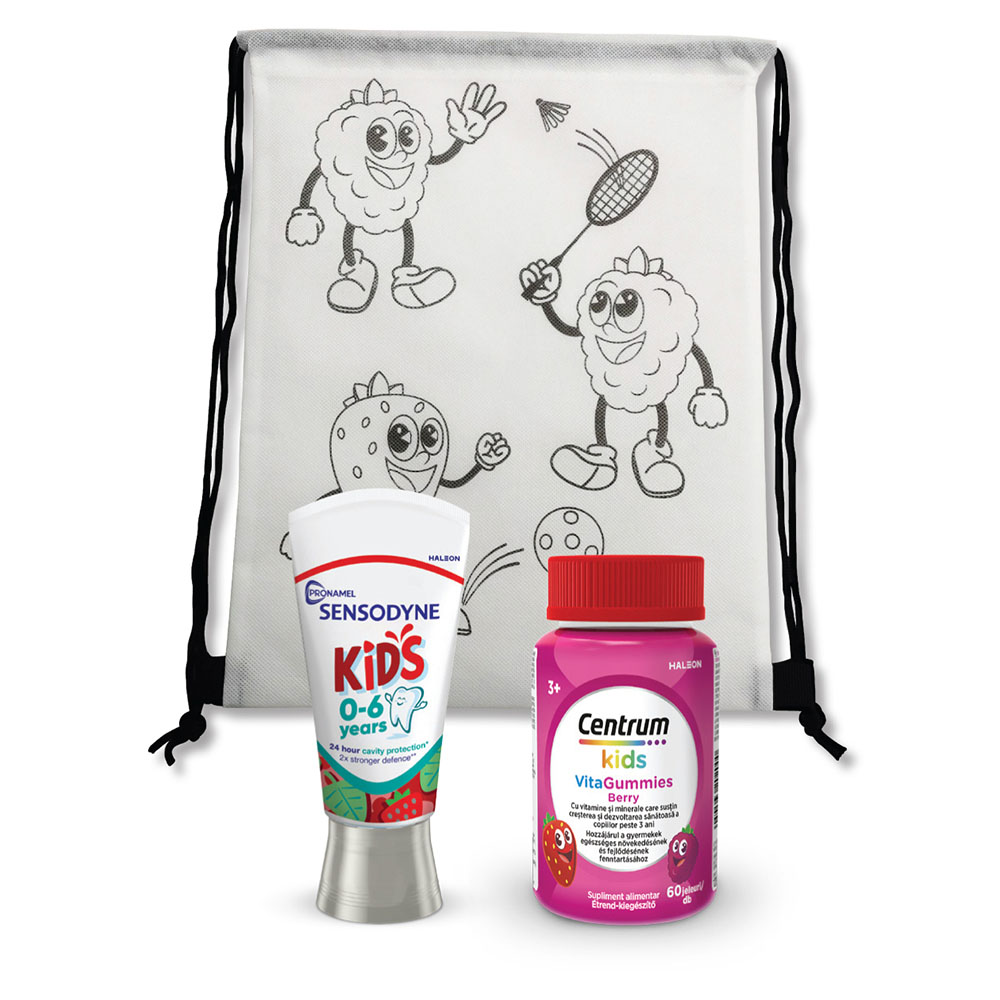 GYM BAG +Sensodyne + Centrum Kids gumivitamin 0-6 év (60db)