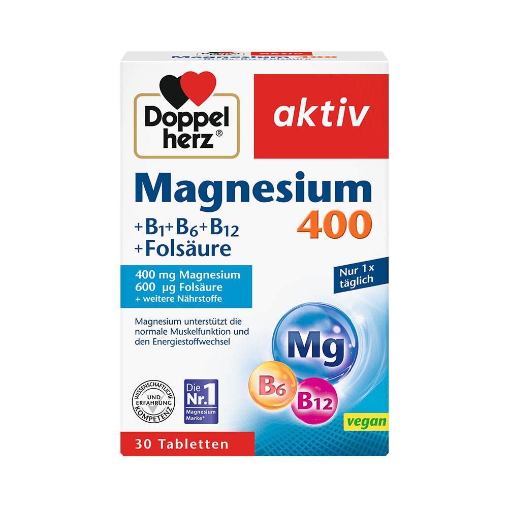 DOPPELHERZ Aktiv Magnézium 400 + B1, B6, B12 vitamin + Folsav tabletta (30db)