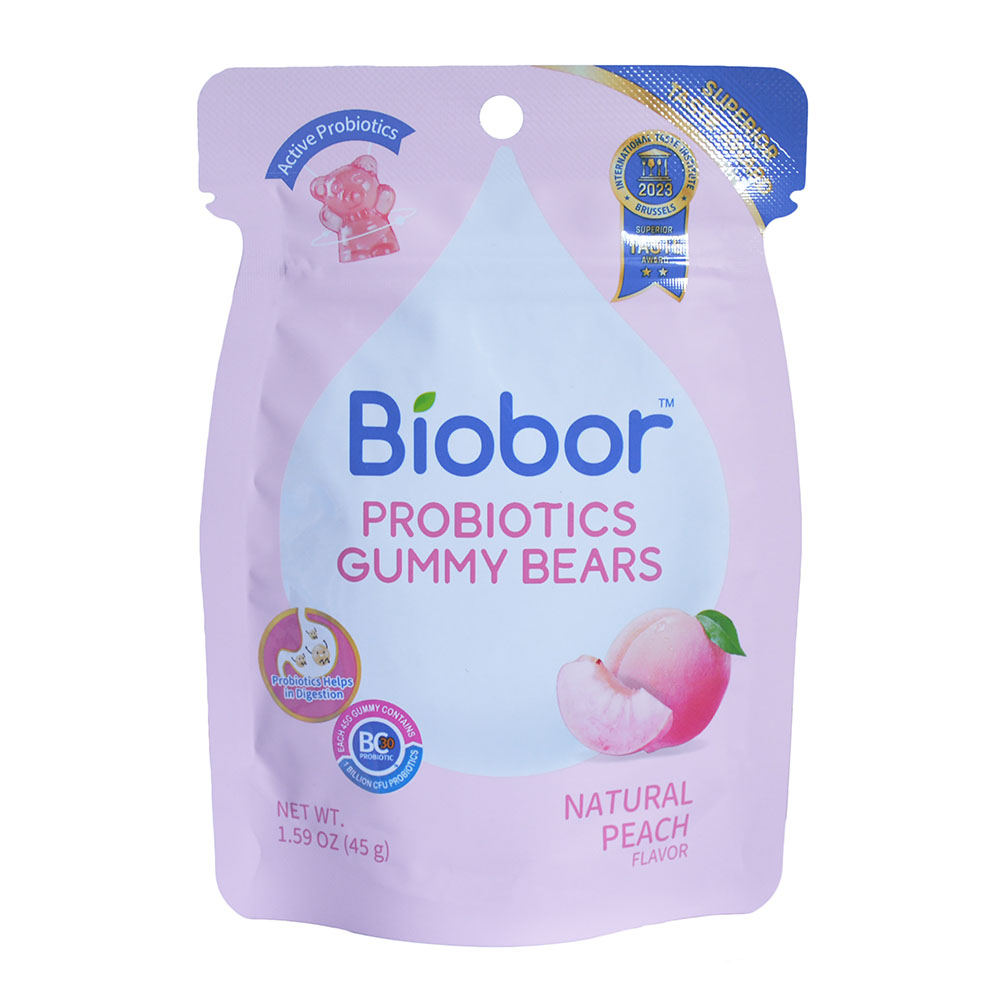 BIOBOR Őszibarack ízű gumicukorka probiotikus baktériumtörzsekkel (45g)