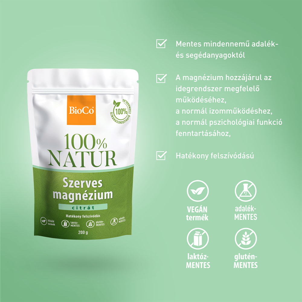 BIOCO 100% NATUR Szerves magnézium citrát tasakos por (200g)
