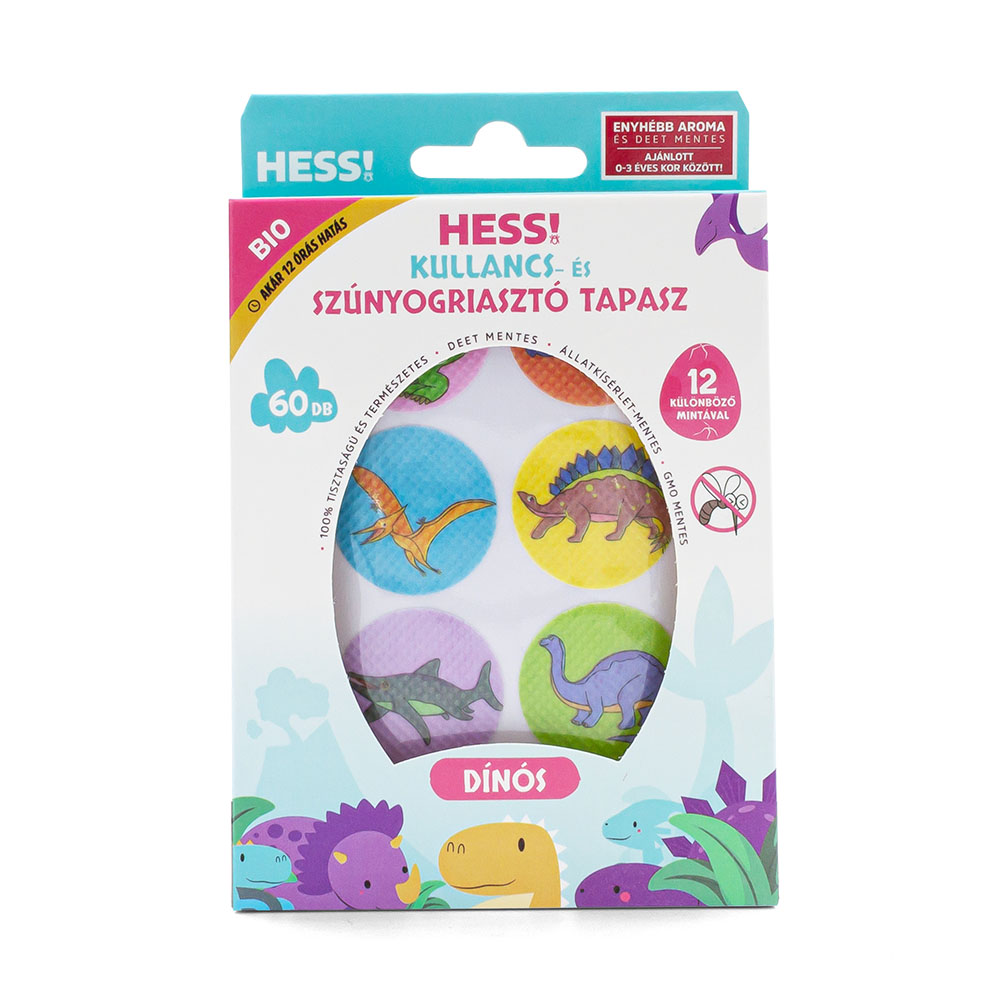 ELYSIUM HESS! kullancs- és szúnyogriasztó dínós tapasz enyhébb aromával 0-3 éves korig (60db)