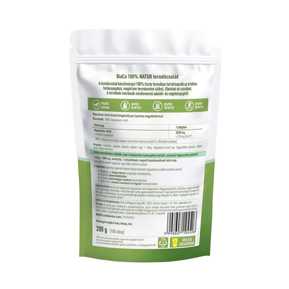 BIOCO 100% NATUR Szerves magnézium citrát tasakos por (200g)