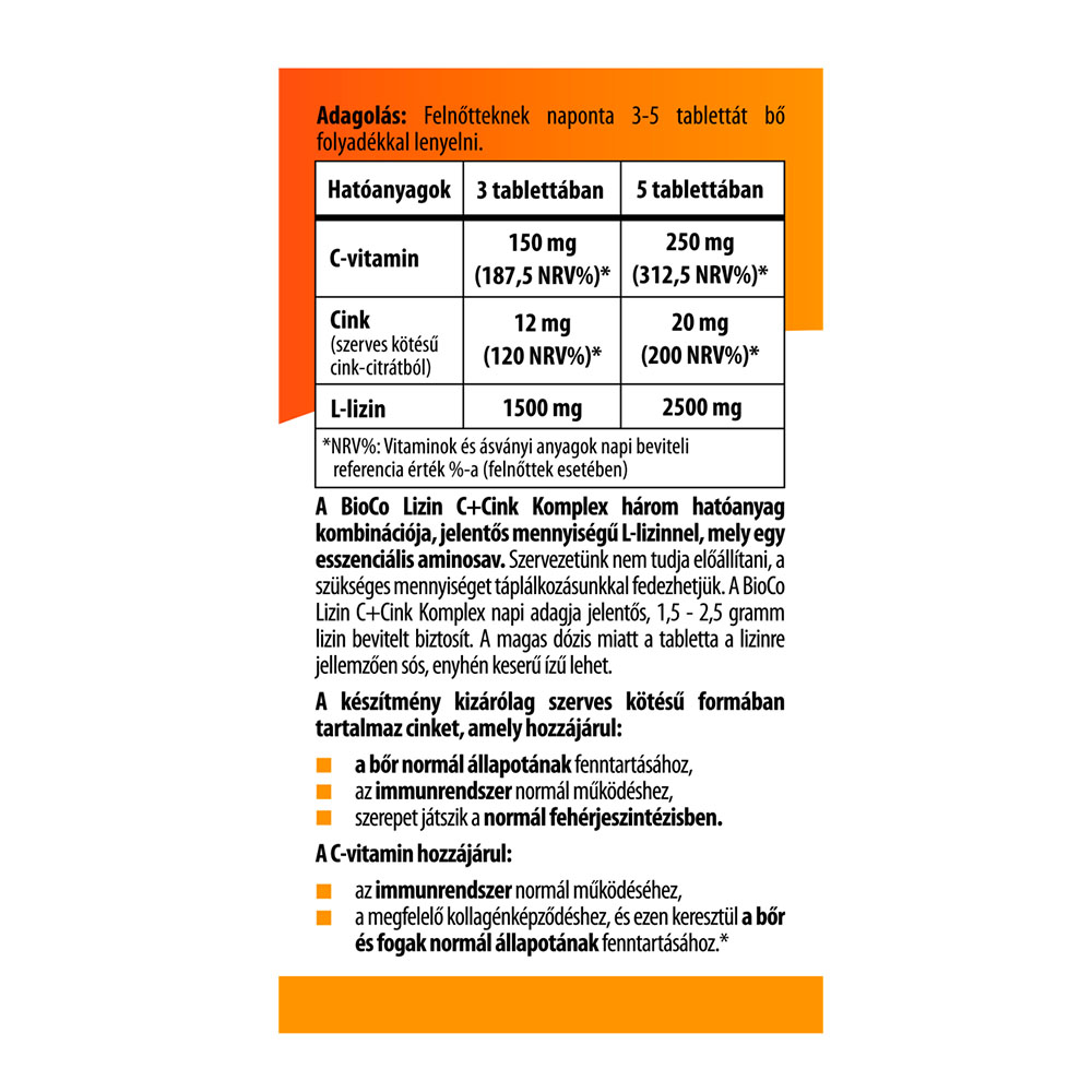BIOCO Lizin C+Cink Komplex tabletta (30db)