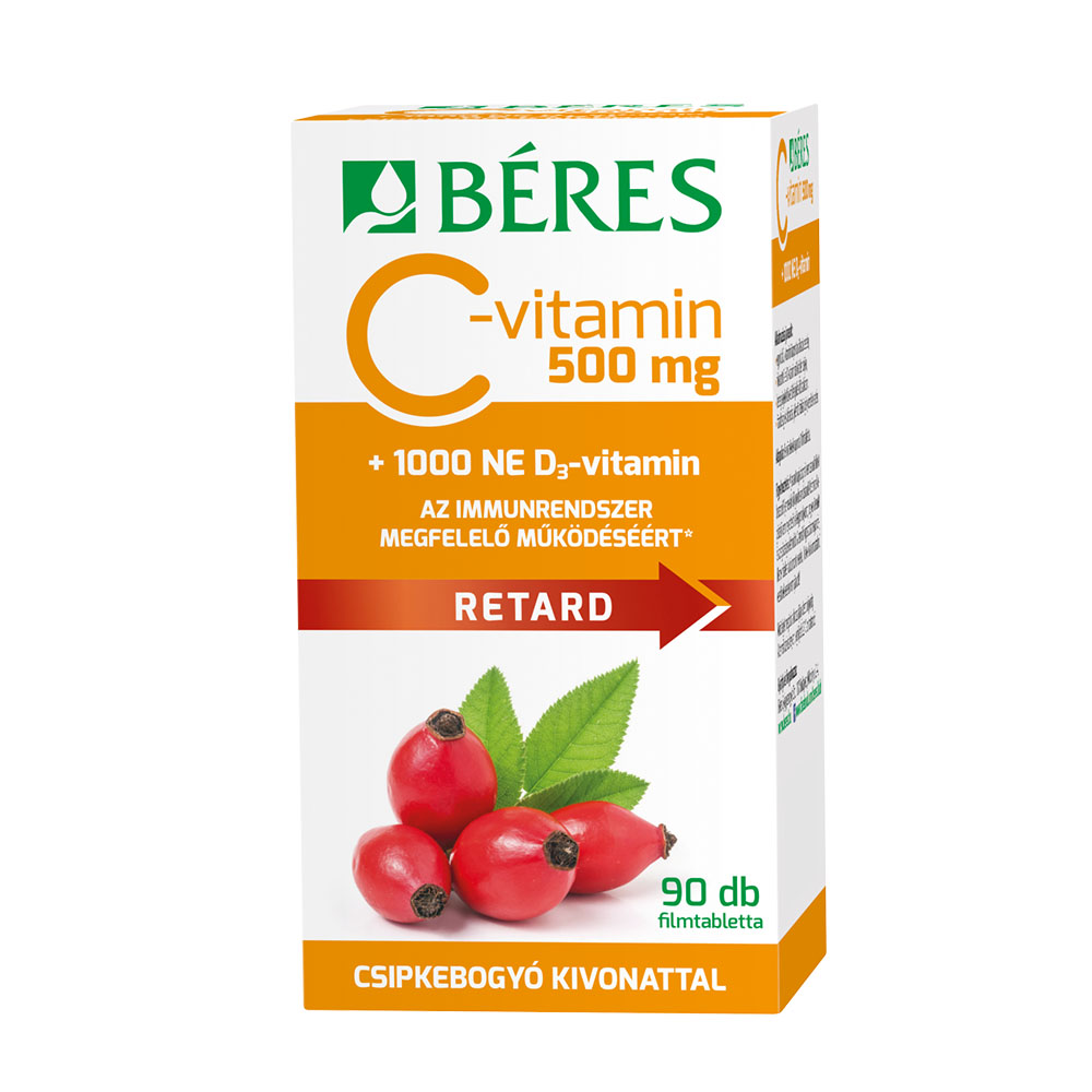 BÉRES C-vitamin 500mg csipkebogyó kivonattal + 1000 NE D3-vitamin retard filmtabletta (90db)
