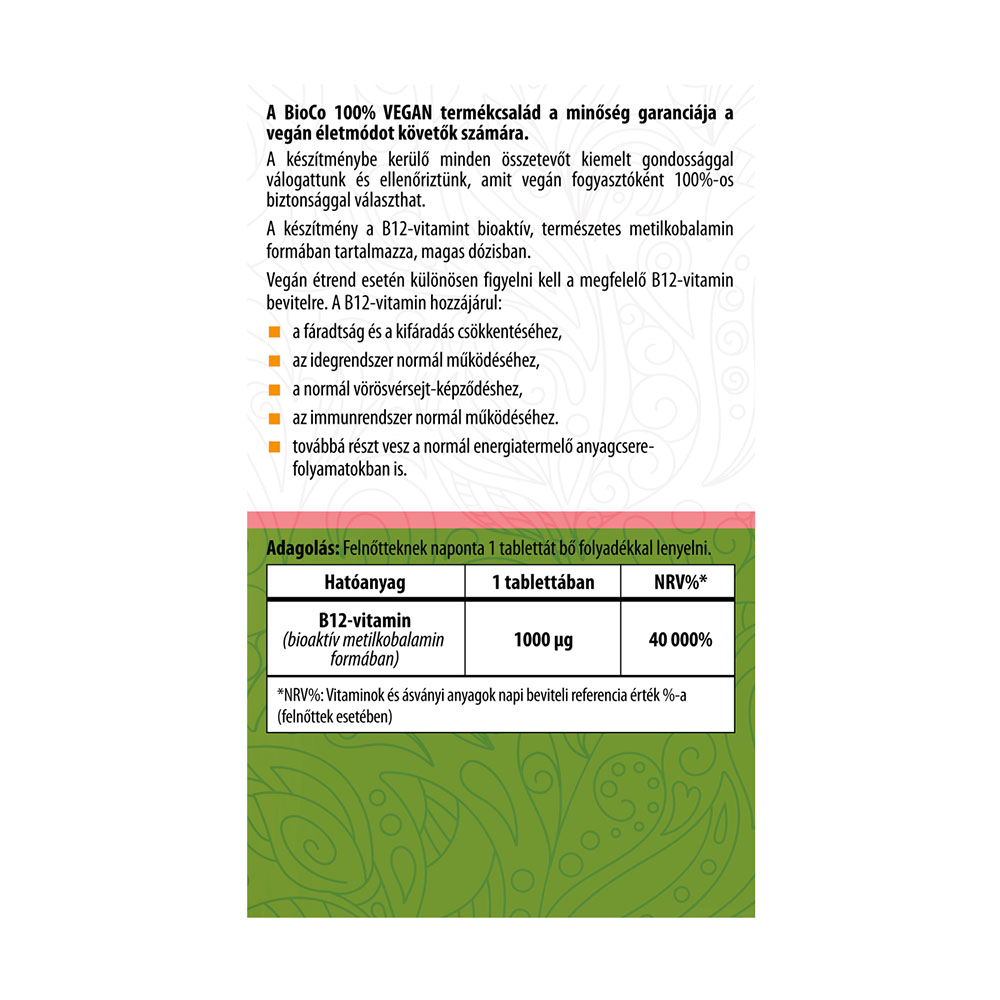 BIOCO 100% Vegan bioaktív B12-vitamin 1000 mcg tabletta (90db)