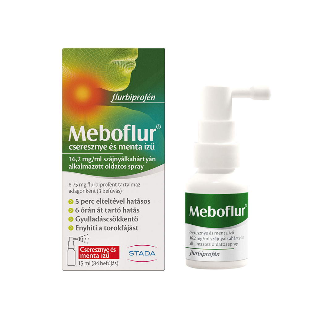 MEBOFLUR cseresznye és menta ízű 16,2 mg/ml szájnyálkahártyán alkalmazott oldatos spray (1x15ml)