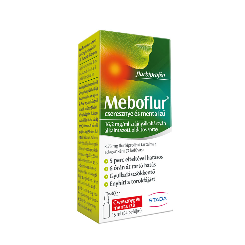 MEBOFLUR cseresznye és menta ízű 16,2 mg/ml szájnyálkahártyán alkalmazott oldatos spray (1x15ml)