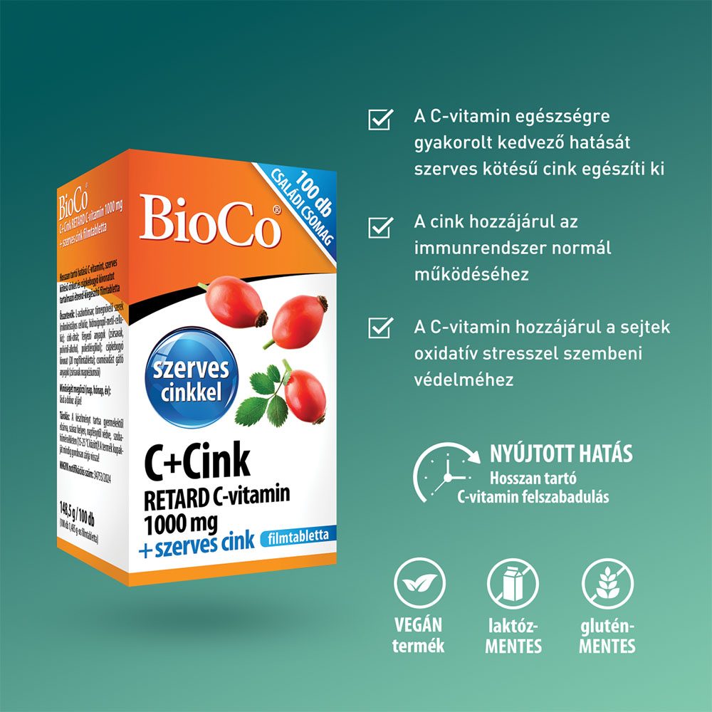 BIOCO C+Cink Retard C-vitamin 1000mg + szerves cink filmtabletta (100db)