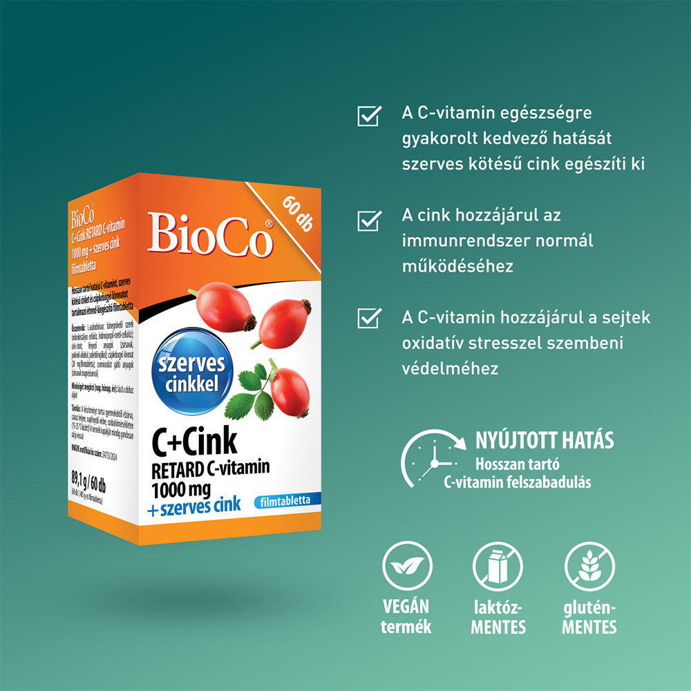 BIOCO C+Cink Retard C-vitamin 1000mg + szerves cink filmtabletta (60db)