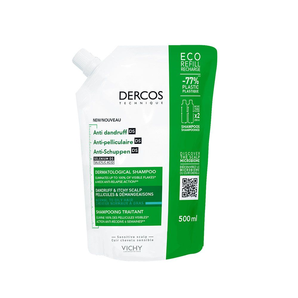 VICHY Dercos korpásodás elleni sampon normál vagy zsíros hajra, érzékeny fejb. utántöltő (500ml)