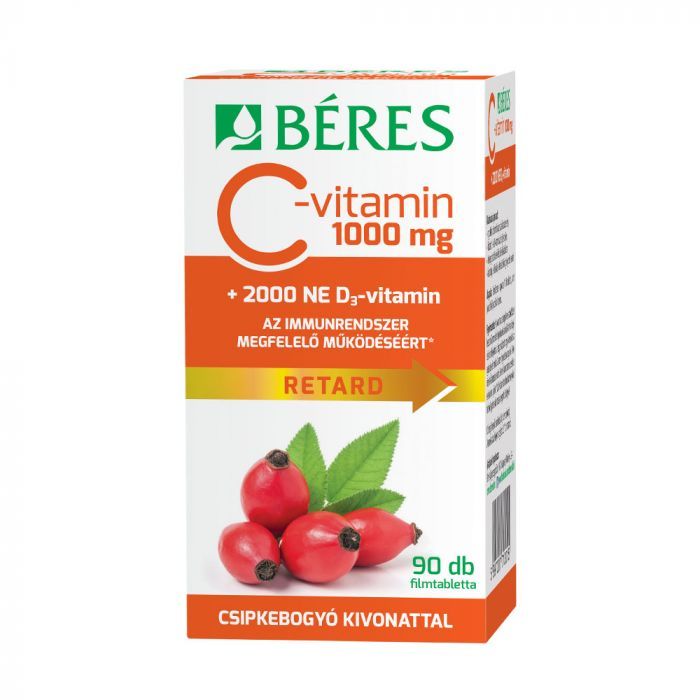 BÉRES C-vitamin 1000mg csipkebogyó kivonattal + 2000NE D3 -vitamin retard filmtabletta (90db)