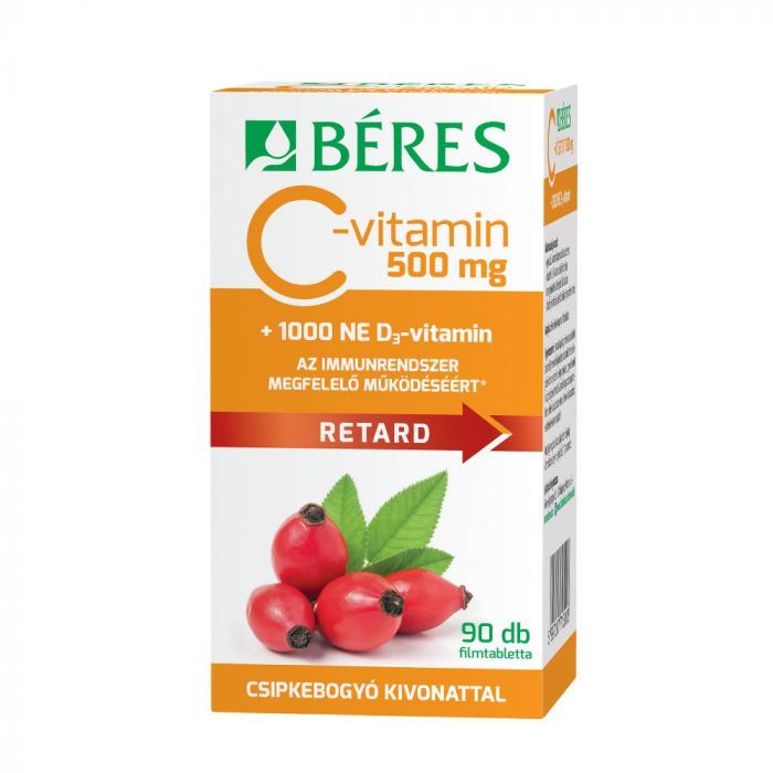 BÉRES C-vitamin 500mg csipkebogyó kivonattal + 1000 NE D3-vitamin retard filmtabletta (90db)